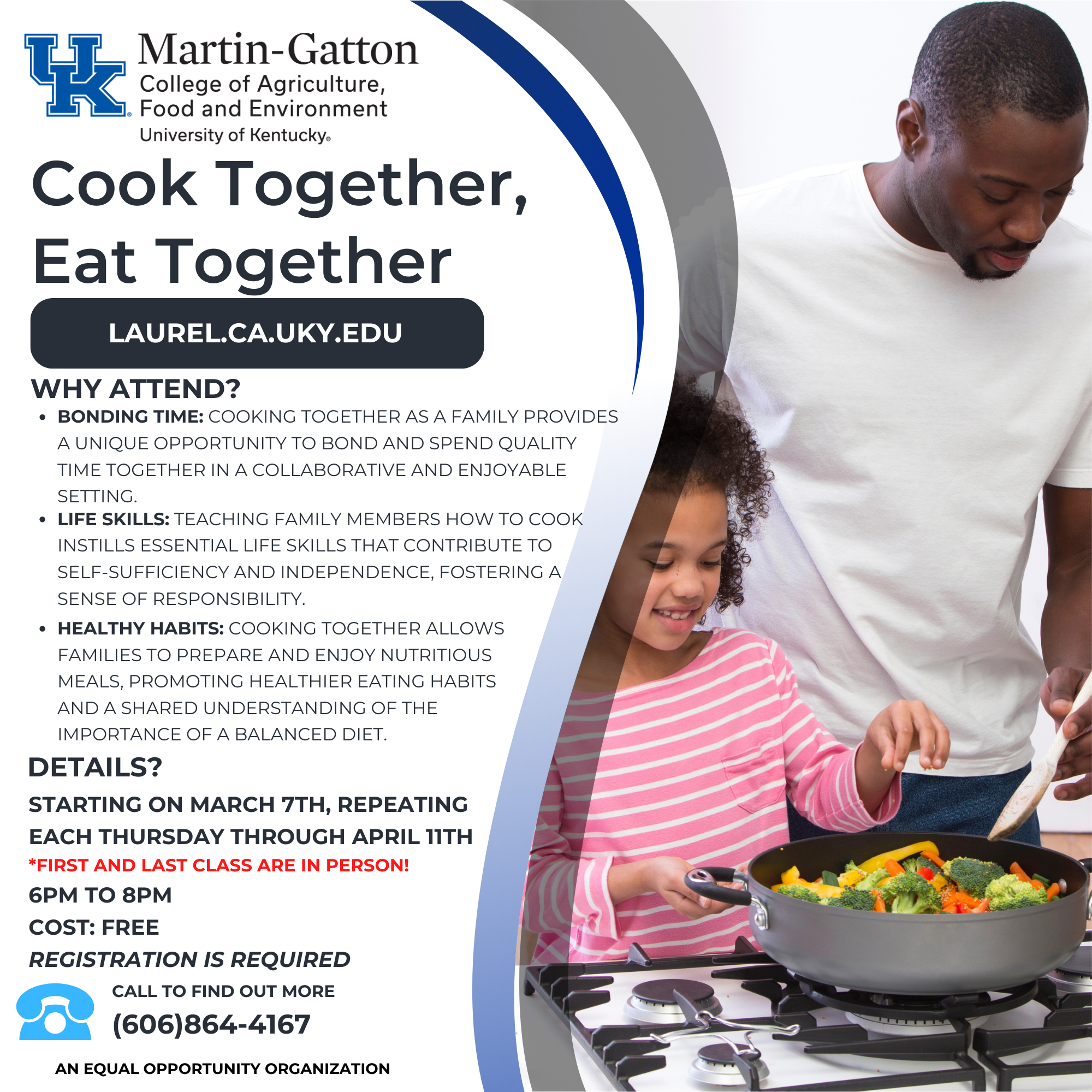 Flyer detailing class details such as date, time, and description. Background includes a father and daughter cooking food in a skillet.