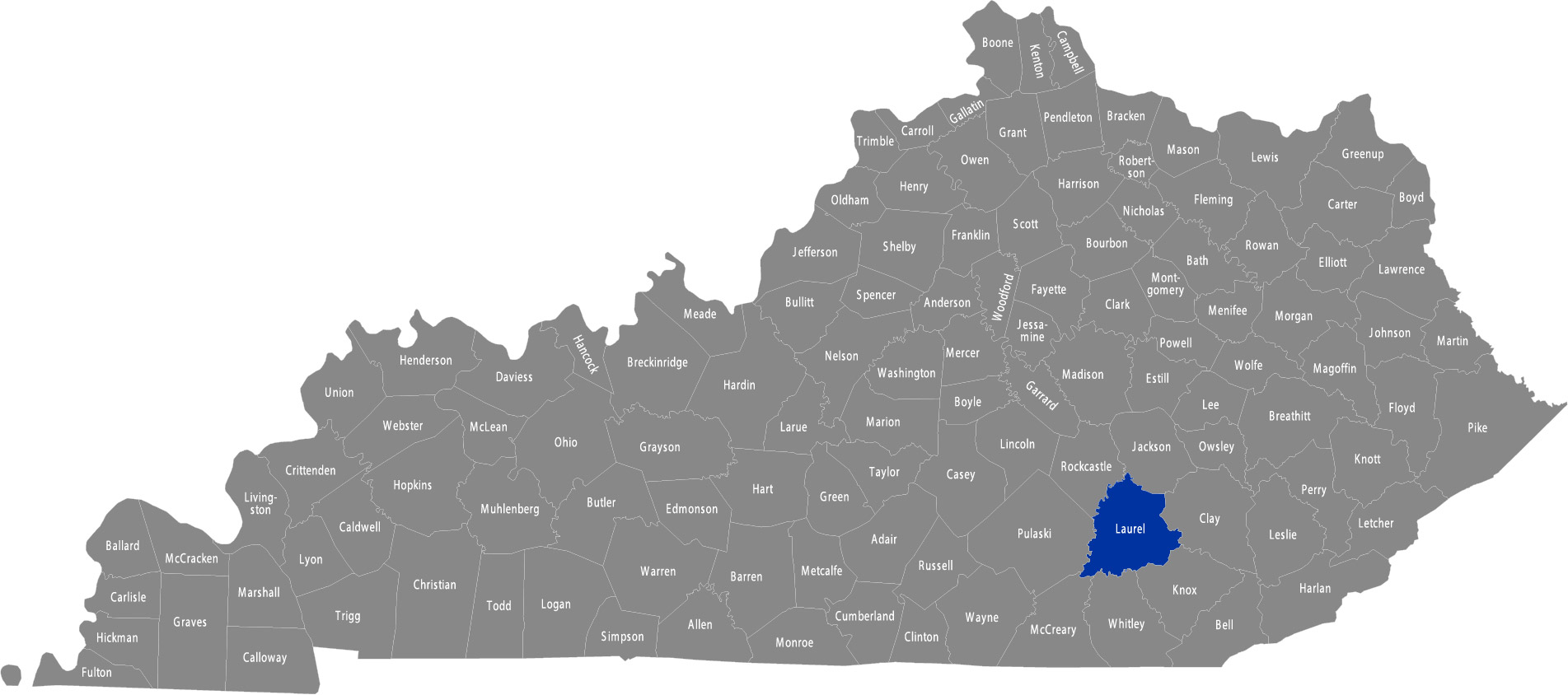 Kentucky map with laurel county highlighted in blue