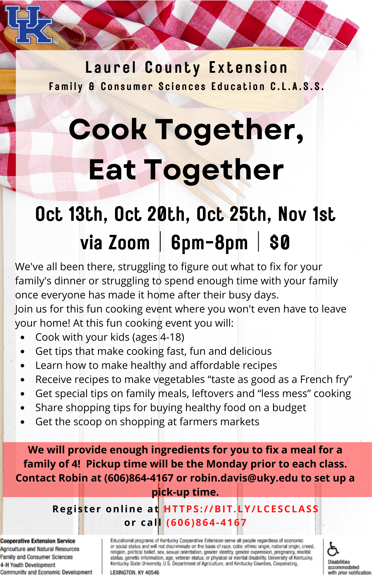 Flyer with a red and white tablecloth in the background. In the foreground is text including the class name, date, and cost.