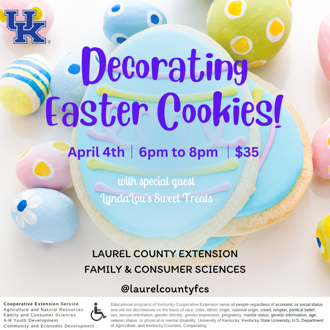 Flyer detailing class details such as date, time, and description. Background of flyer is Easter decorated cookies and eggs.