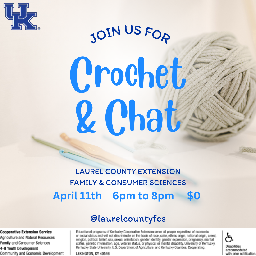 Flyer detailing class details such as date, time, and description. Background of flyer includes crochet hooks and a ball of gray yarn.