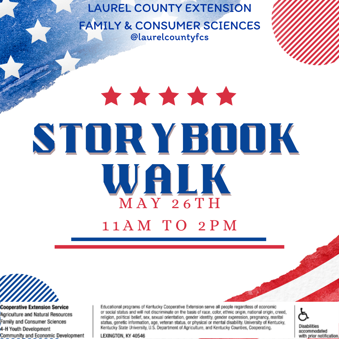 Storybook Walk title with american flag in corner.