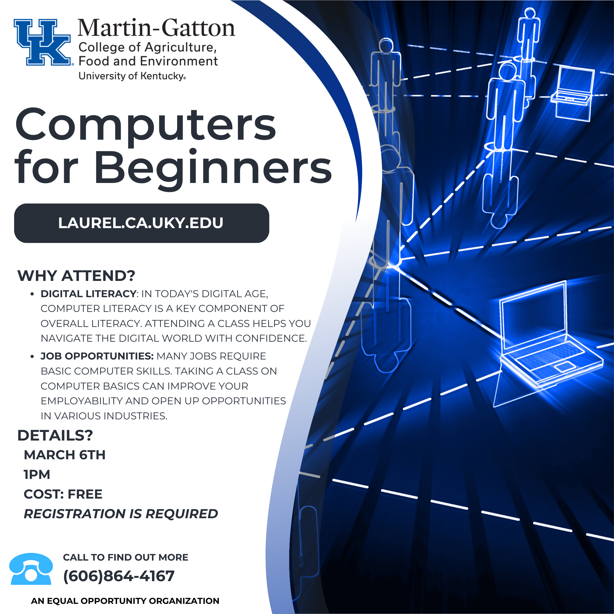 Flyer detailing class details such as date, time, and description. Background includes digital computers and outlines of people in differing blue shades.