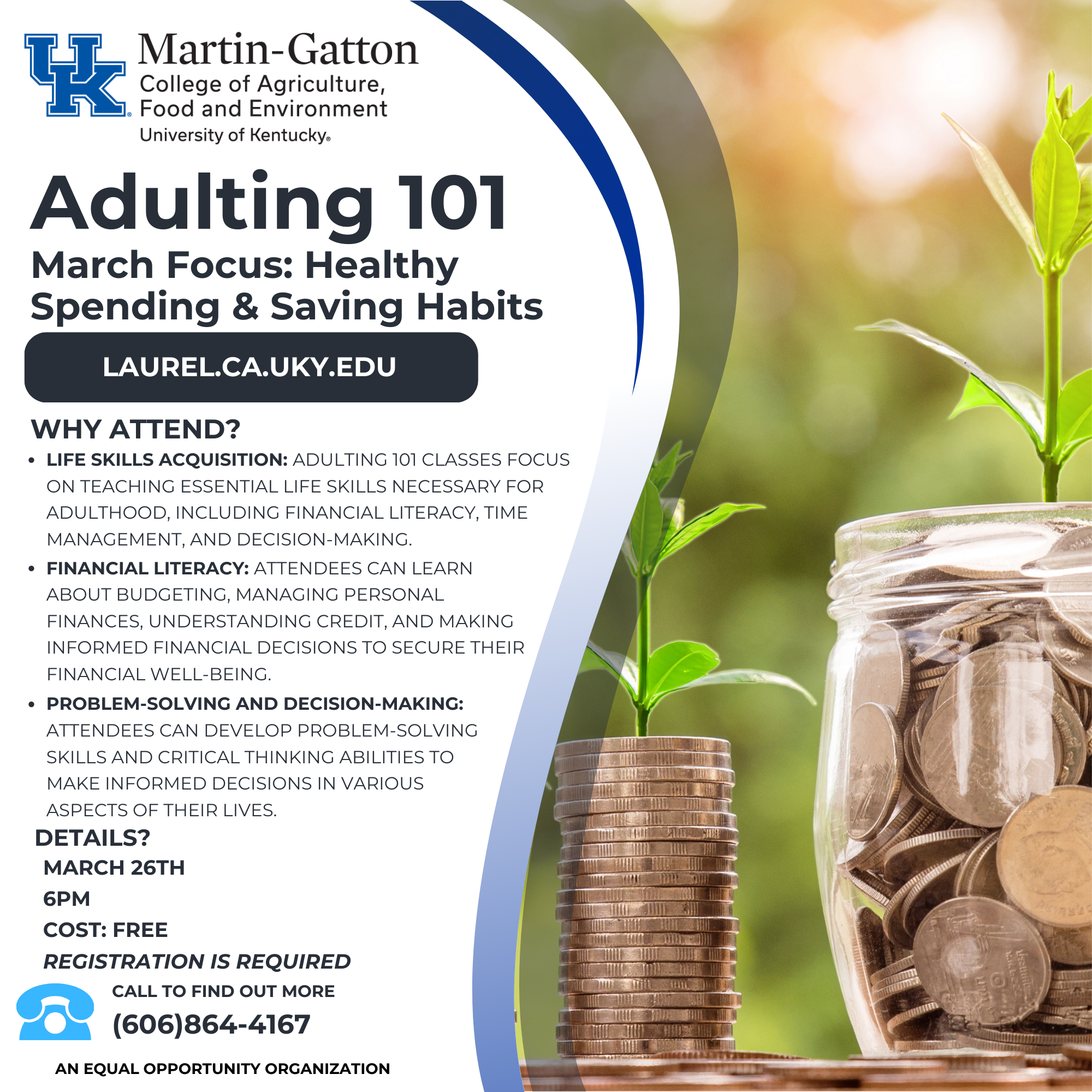 Flyer detailing class details such as date, time, and description. Background includes a jar with coins and a stack of coins, both having a sprout of greenery from the top.