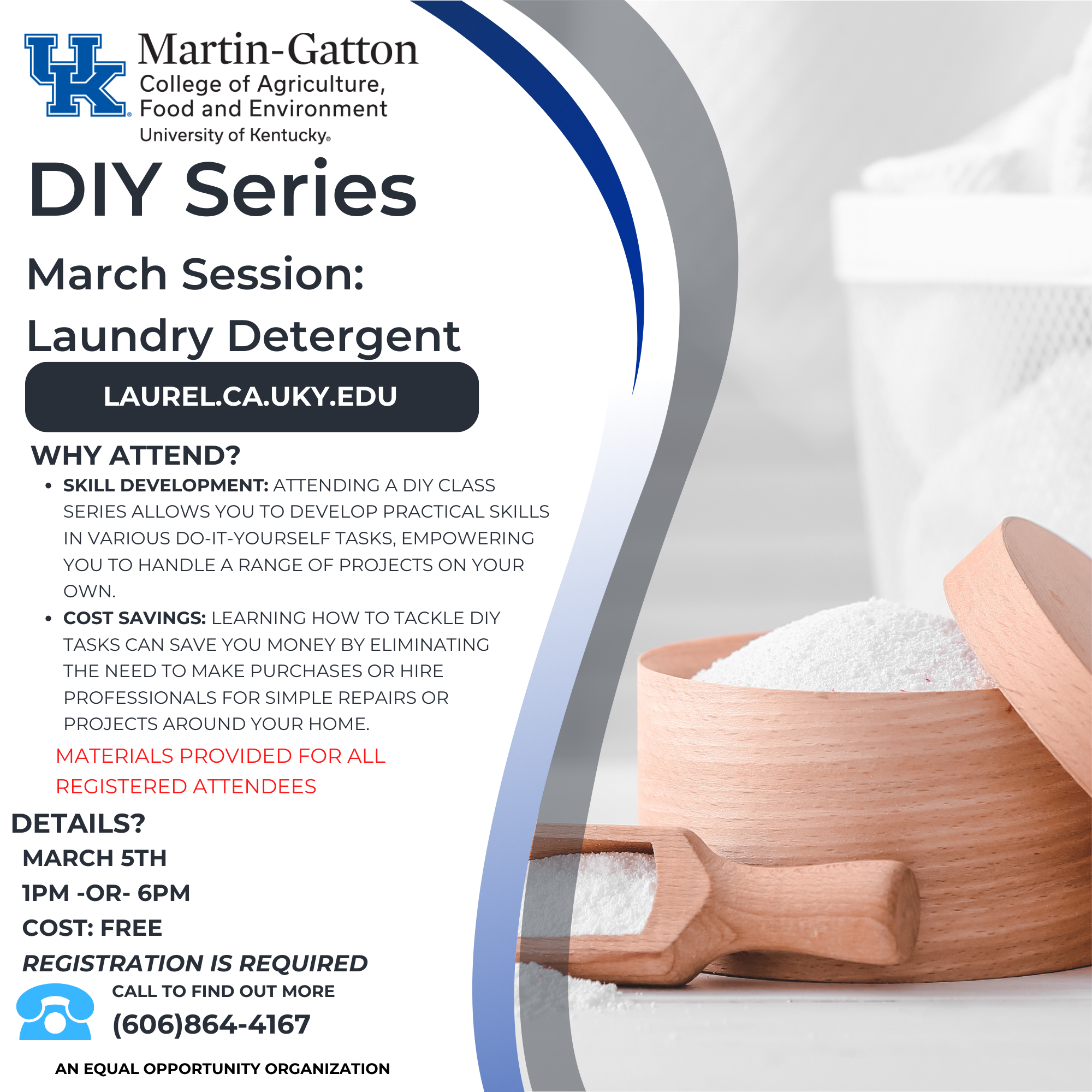 Flyer detailing class details such as date, time, and description. Background includes powdered laundry detergent in a scoop.