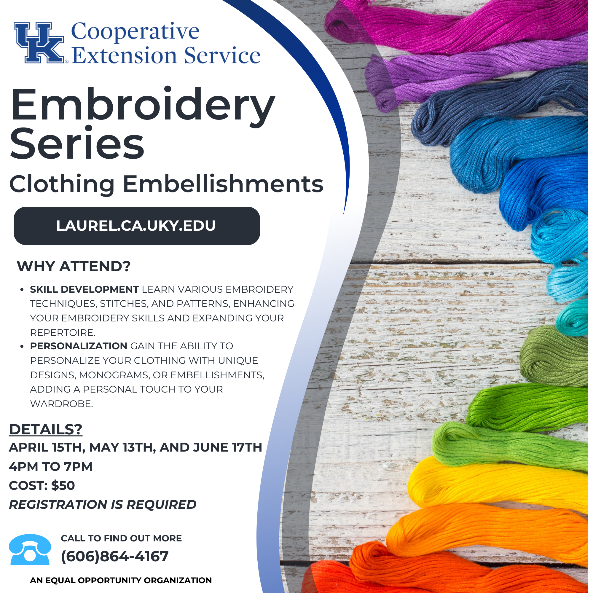 Flyer detailing class details such as date, time, and description. Background includes a wooden table with embroidery threads in varying colors.