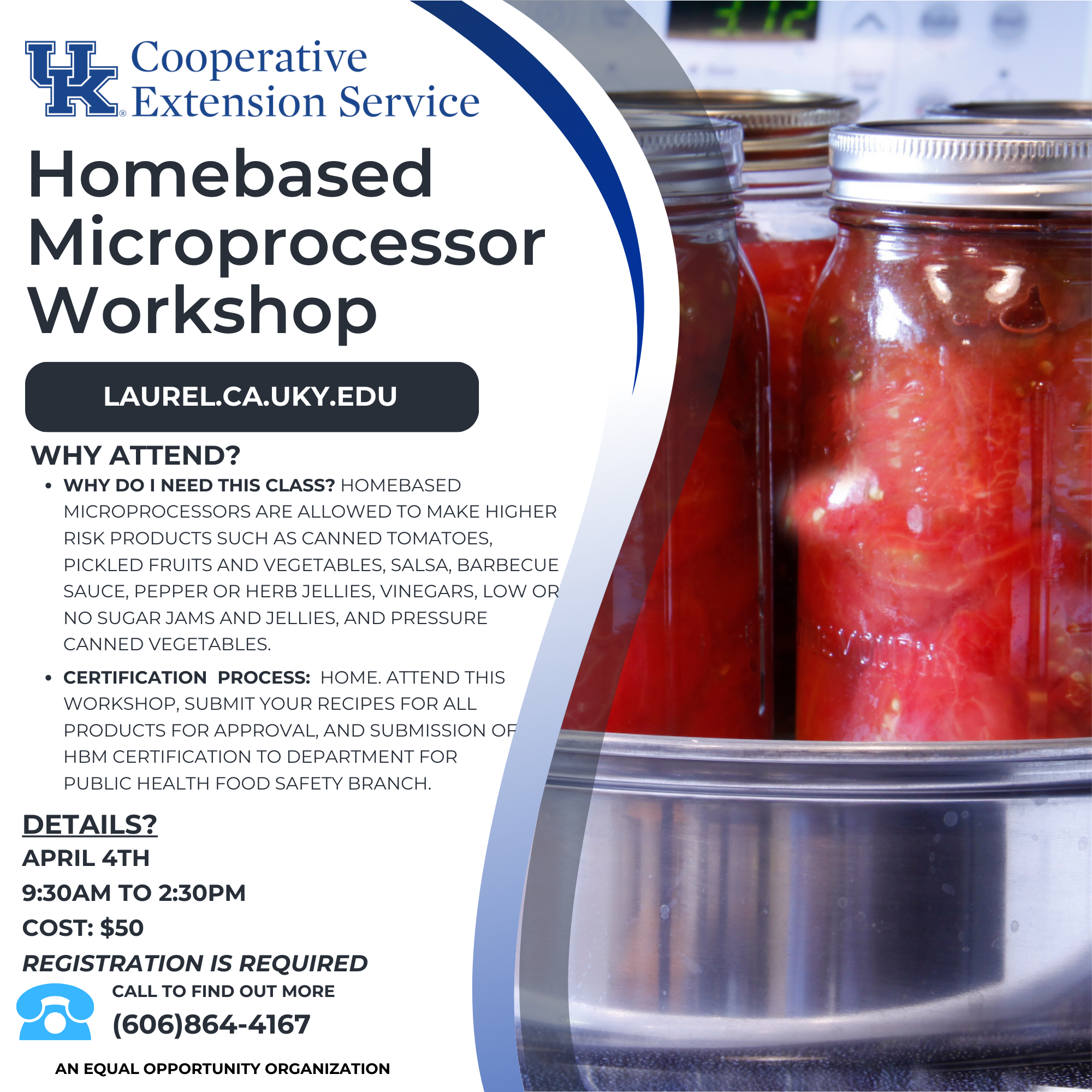 Flyer detailing class details such as date, time, and description. Background includes canned tomatoes in a mason jar.