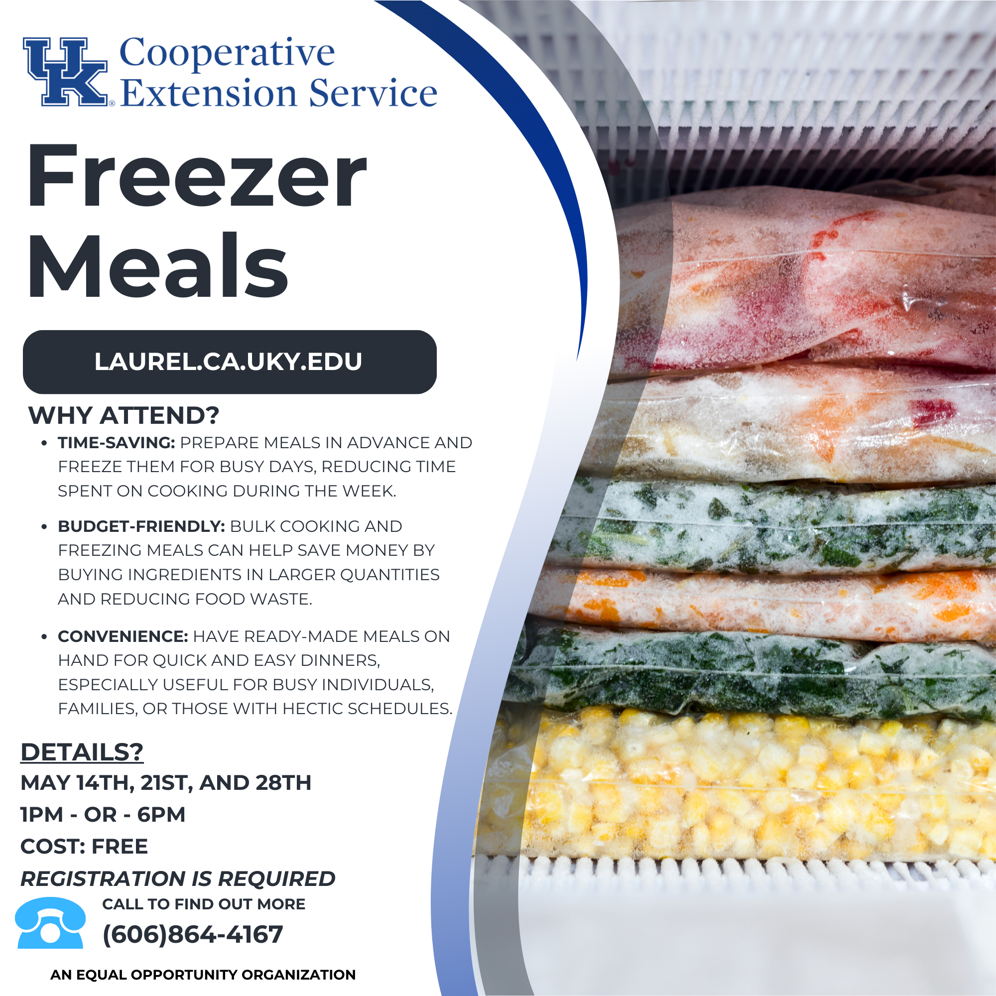 Flyer with background containing bags of frozen vegetables and includes class date details.