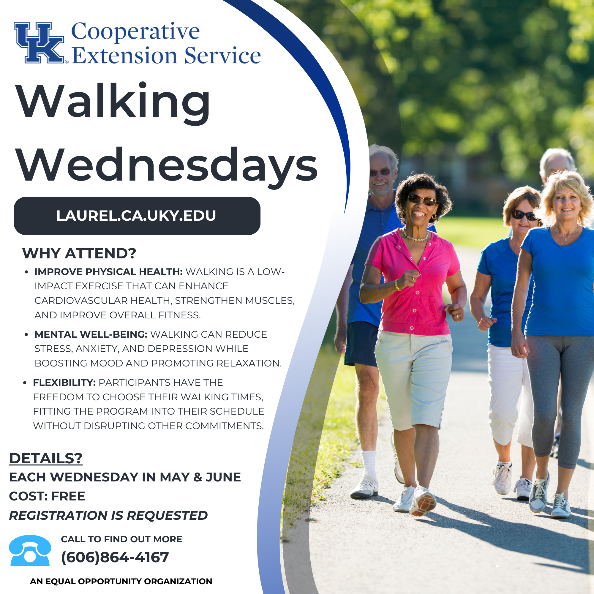 Flyer with background of older people walking on a sidewalk and includes class date details.