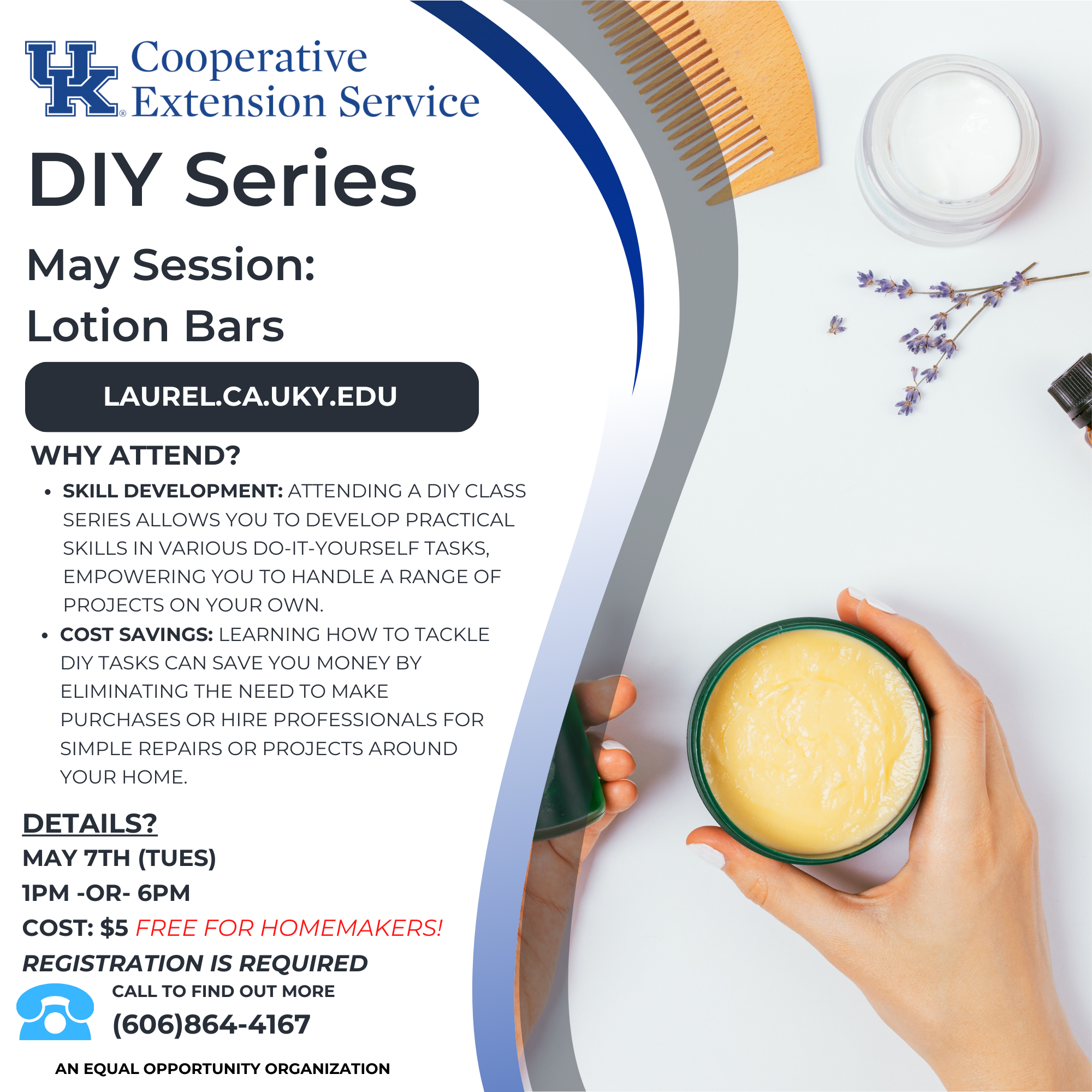 Flyer with background containing lotion in jars and includes class date details.