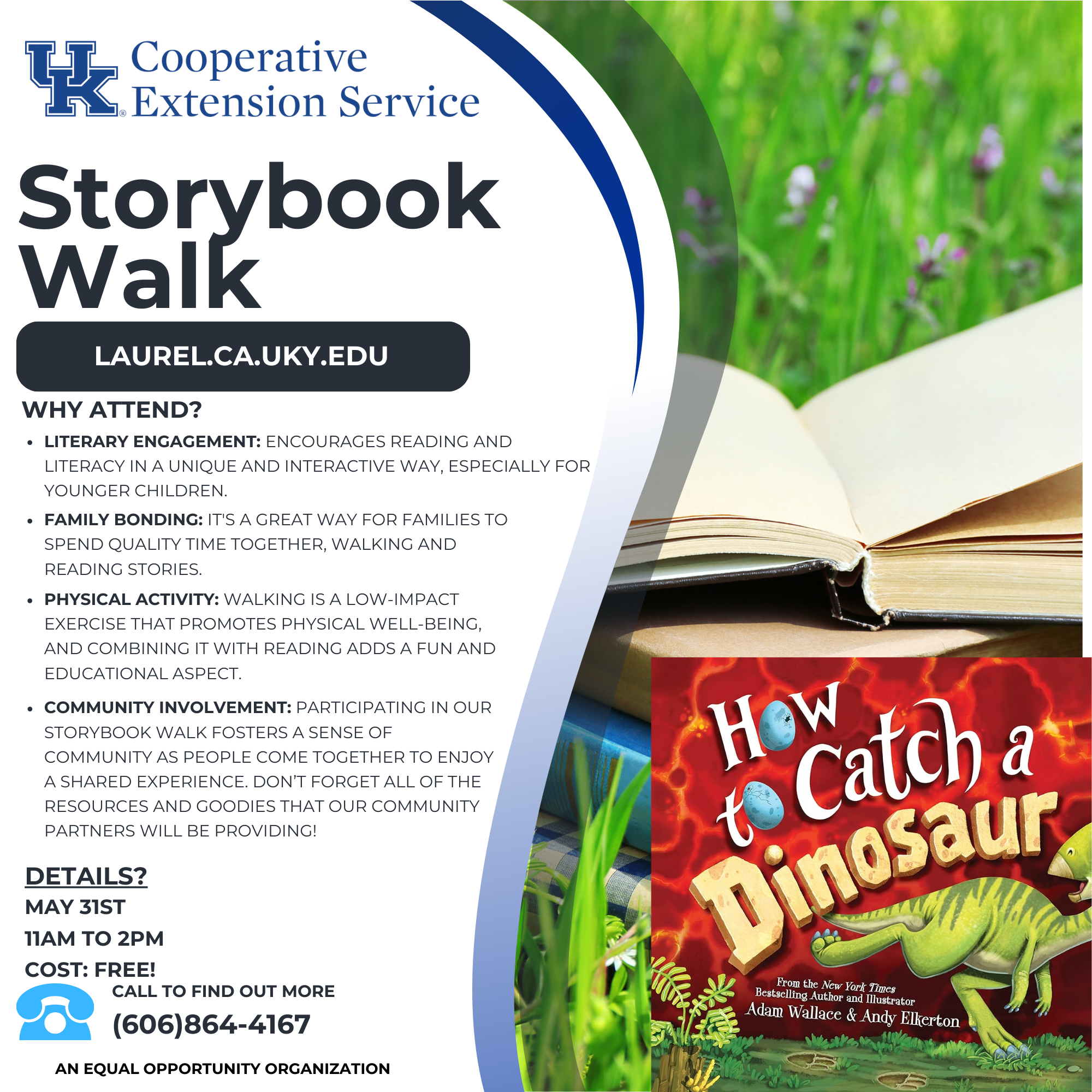Flyer with background stacked books in grass and includes class date details.