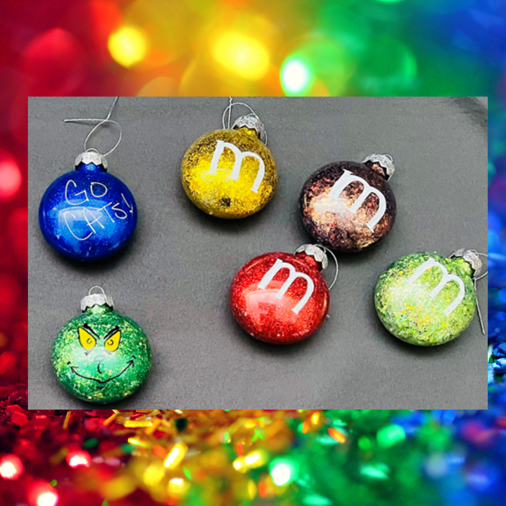 Photo of ornaments with glitter and designs.