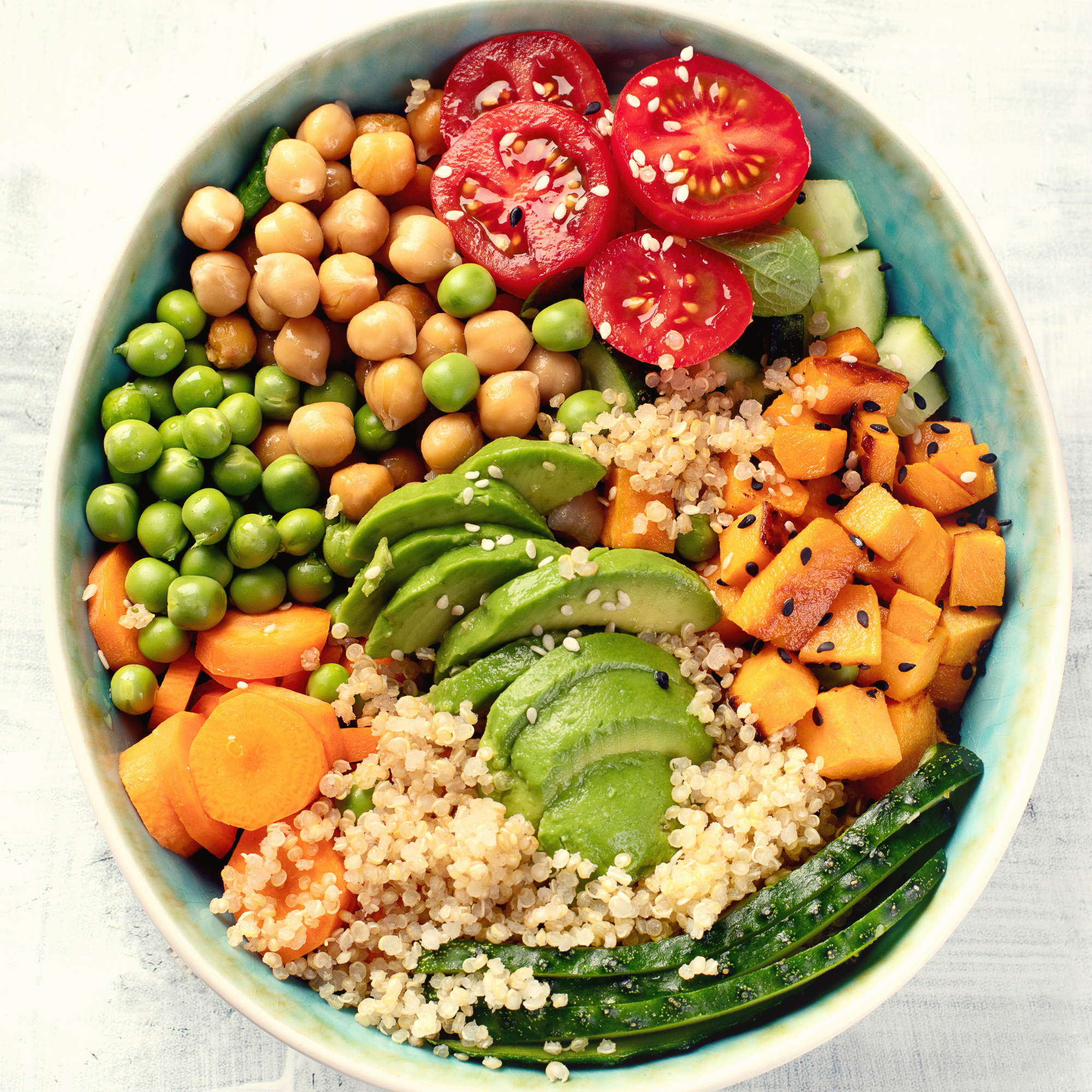 Photo of bowl with a variety of starches, vegetables, and proteins.