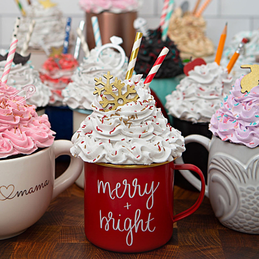 Faux whipped cream with sprinkles on a hot cup of cocoa
