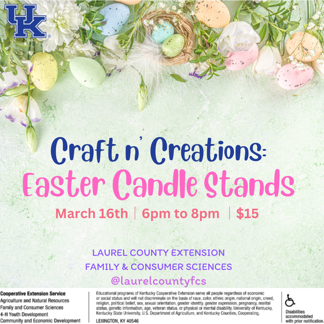 Light green background with greenery and easter eggs. Wording details class date/time/location.