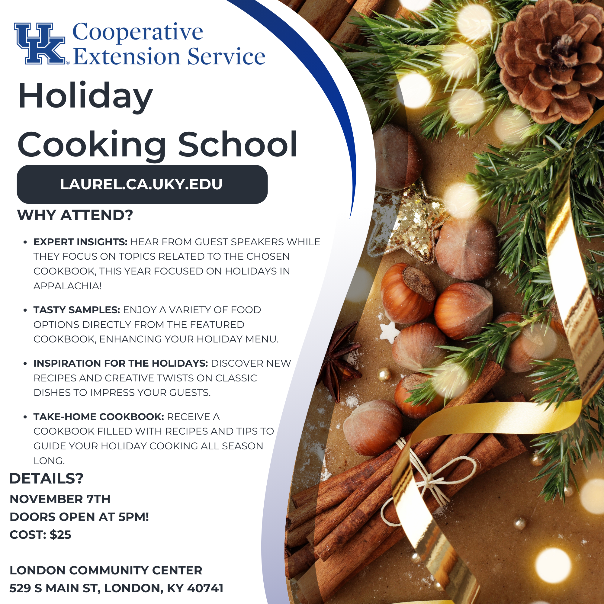 Flyer detailing Holiday Cooking School event description.