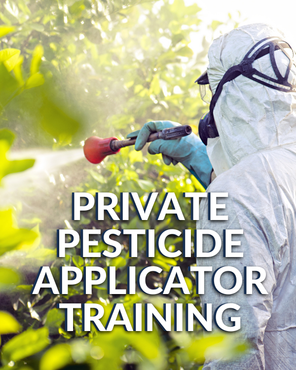 Private Pesticide Applicator Training/ Background image, person in protective equipment spraying green plants