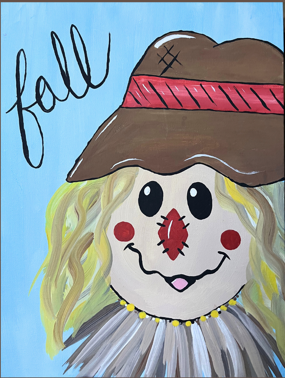 Painting of cartoon scarecrow with the word "Fall" written beside in cursive.