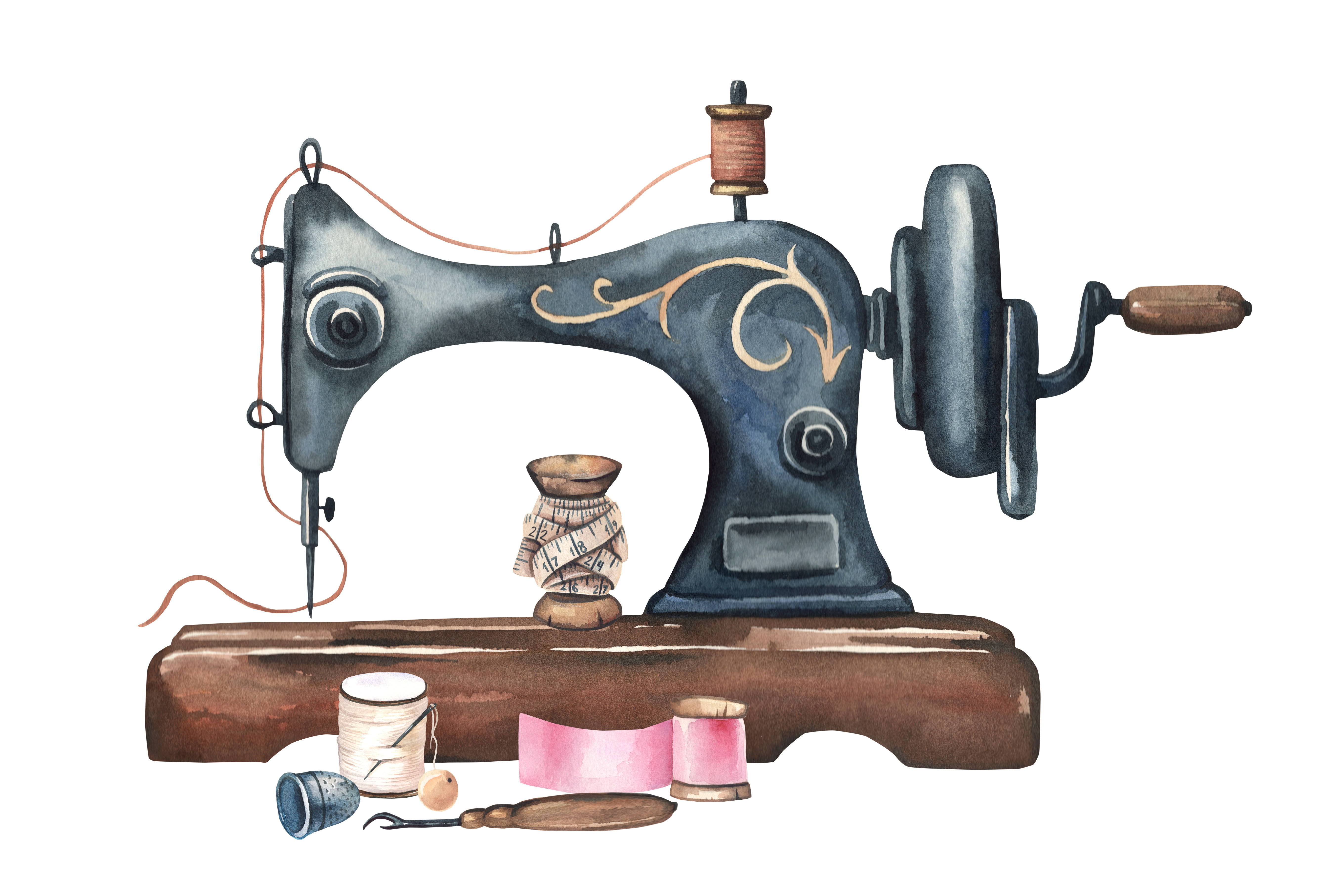 Illustrated sewing machine with thread, ribbon, and stitch ripper.