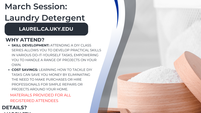 Flyer detailing class details such as date, time, and description. Background includes powdered laundry detergent in a scoop.