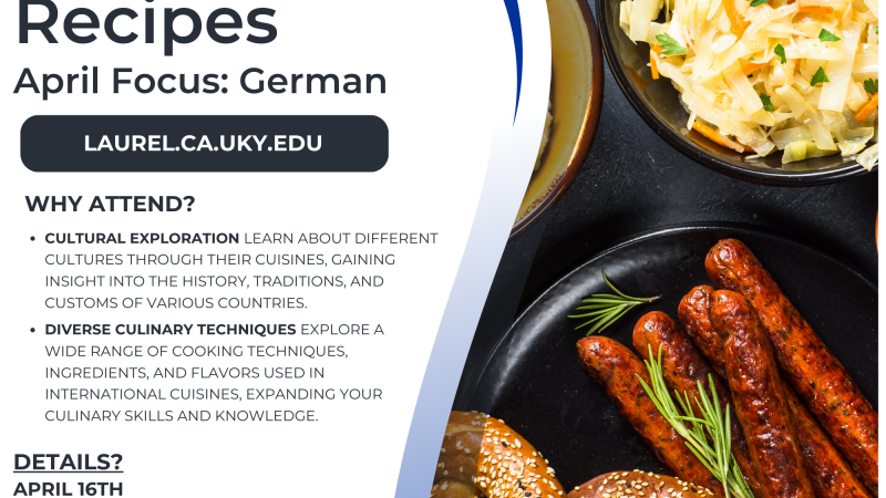 Flyer detailing class details such as date, time, and description. Background includes German food such as pretzels, sausage, etc.