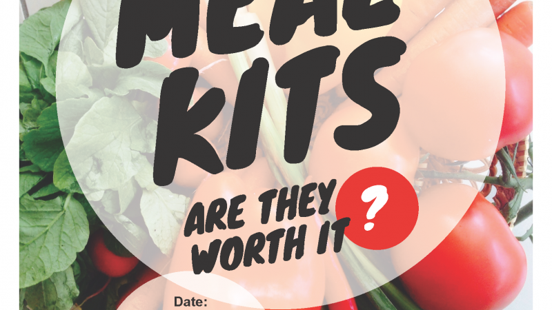Flyer with background containing vegetables stating "Join us for Meal Kits: Are They Worth It?" and includes class date details.